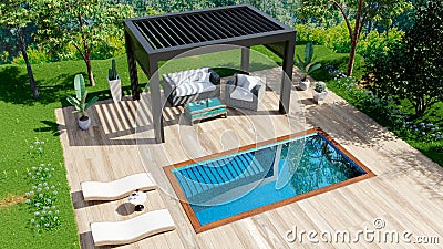 3D illustration top view of outdoor terrace with pool and pergola Stock Photo