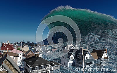 Tsunami wave apocalyptic water view urban flood Storm. 3D illustration Cartoon Illustration