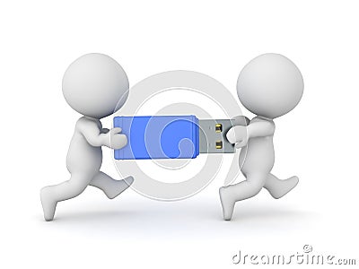 3D illustration of two characters carrying a large usb stick Cartoon Illustration