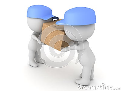 3D Illustration of two delivery men transporting a package. Stock Photo