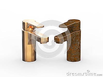3D illustration two different unsuitable broken rusty vintage old faucet and new cooper faucet Cartoon Illustration
