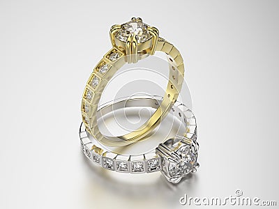 3D illustration two gold and silver rings with diamonds Cartoon Illustration