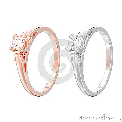 3D illustration two isolated rose and white gold or silver solitaire wedding diamond rings with heart prongs Cartoon Illustration