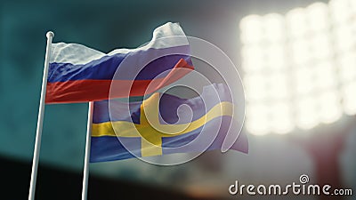 3D Illustration. Two national flags waving on wind. Night stadium. Championship. Soccer. Hockey. Russia versus Sweden Stock Photo