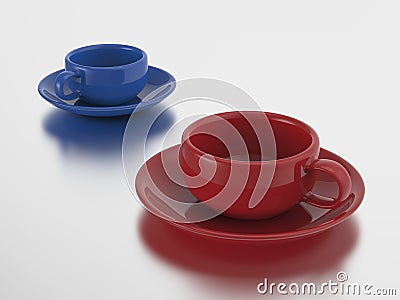 3D illustration two red and blue cups and saucers Cartoon Illustration