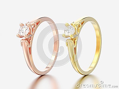 3D illustration two rose and yellow gold solitaire wedding diamond rings with heart prongs Cartoon Illustration