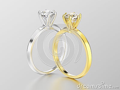 3D illustration two silver and gold traditional solitaire engage Cartoon Illustration