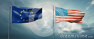 Two state flags of the european union and the united states of america, facing each other and moving in the win Cartoon Illustration