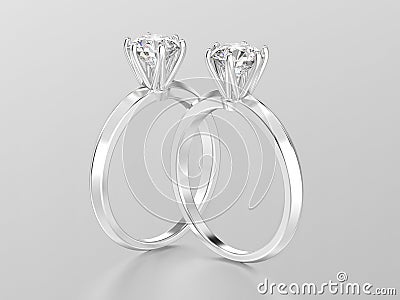 3D illustration two white gold or silver traditional solitaire e Cartoon Illustration