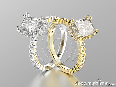 3D illustration two white gold or silver and yellow gold decorative diamonds rings with reflection Cartoon Illustration