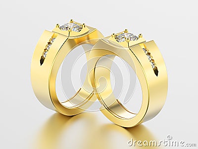 3D illustration two yellow gold men signet diamond rings Cartoon Illustration