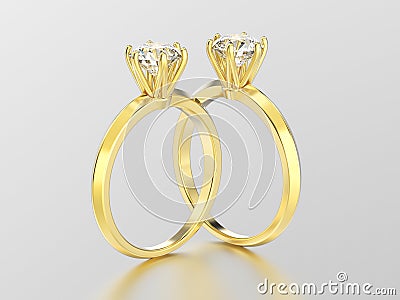 3D illustration two yellow gold traditional solitaire engagement Cartoon Illustration