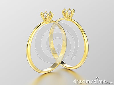 3D illustration two yellow gold traditional solitaire engagement Cartoon Illustration