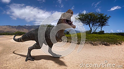 3D illustration of a Tyrannosaurus Rex dinosaur from the Cretaceous period standing and roaring in a landscape scene Stock Photo