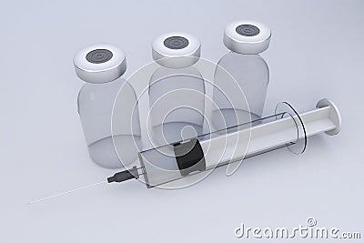 3D Illustration vaccine container bottles accompanied by a syringe Stock Photo