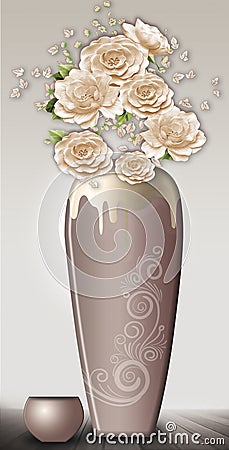 3d illustration vase with golden flowers in light background . Cartoon Illustration