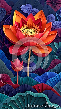3D Illustration Of Bright Lotus Flower. Buddhist Vesak Greeting Card. Spa And Wellness. AI Generated Stock Photo