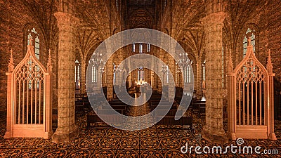 3D rendering view along the aisle towards the alter of a large old medieval cathedral Cartoon Illustration