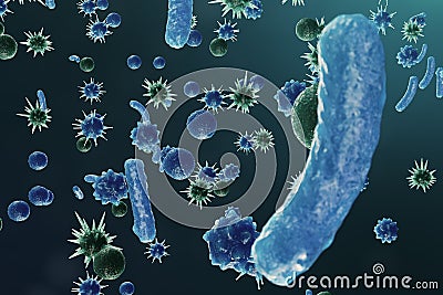 3D illustration Virus backgorund. Viruses influenza, hepatitis, AIDS, E. coli, colon bacillus. Concept of science and Cartoon Illustration