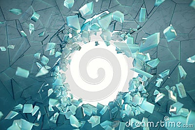3D illustration wall of ice with a hole in the center of shatters into small pieces. Place for your banner Cartoon Illustration