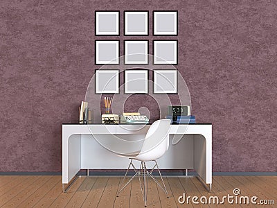 3D illustration a wall with pictures, a table and a chair Stock Photo