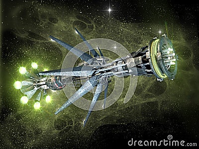 Warp drive spaceship on an exotic star field Cartoon Illustration