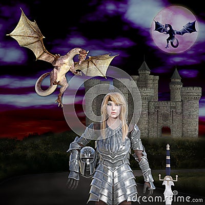 3D illustration of the warrior princess dragon slayer Cartoon Illustration