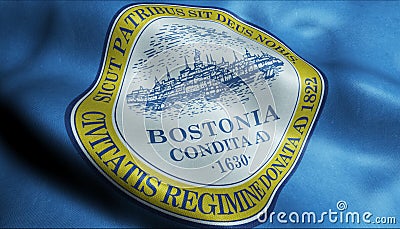 3D Waving Flag of Boston City Closeup View Stock Photo