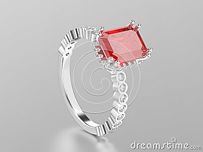 3D illustration white gold or silver ruby decorative ring with r Cartoon Illustration