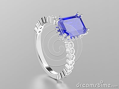 3D illustration white gold or silver sapphire decorative ring w Cartoon Illustration