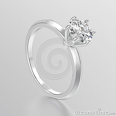 3D illustration white gold or silver traditional solitaire engagement ring with diamond Cartoon Illustration