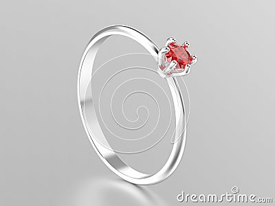 3D illustration white gold or silver traditional solitaire engagement ring with ruby with reflection Cartoon Illustration