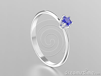 3D illustration white gold or silver traditional solitaire engagement ring with sapphire with reflection Cartoon Illustration