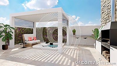 3D render of white outdoor pergola on urban patio with jacuzzi and barbecue Cartoon Illustration