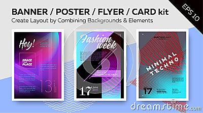 Kit for Web Banner, Printable Poster, Night Club Flyer, Greeting Card. Simple Create Layout. Vector Illustration