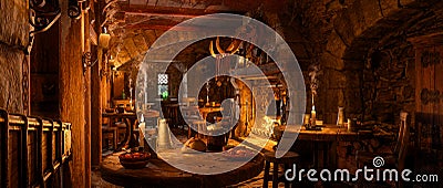 3D illustration wide panorama of a fantasy medieval tavern with food and drink on tables around an open fireplace Stock Photo