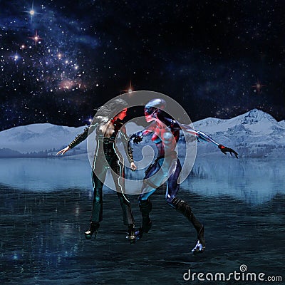Illustration of an extraterrestrial and human on an icy alien world Cartoon Illustration