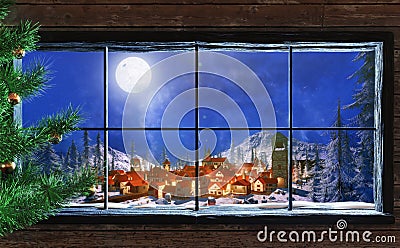 3d Illustration of winter christmas scene through wood cabin window Stock Photo