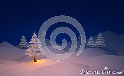 3d illustration winter tree low poly christmas scene background. Cartoon Illustration