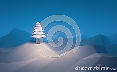 3d illustration winter tree low poly christmas scene background. Cartoon Illustration