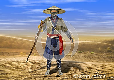 3D Illustration of Wise Old Traditional Asian Man Walking Through Desert Stock Photo