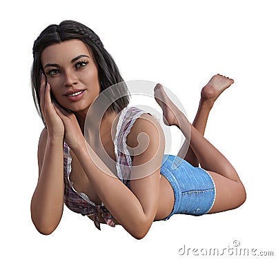 Illustration of a woman in a country girl outfit lying on her stomach with hands to her face smiling isolated on a white Cartoon Illustration