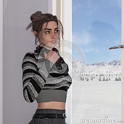 Illustration of a woman looking pensively out a window at a snowscape Cartoon Illustration