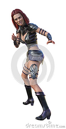 3d illustration of a woman warrior in a combative pose with a smile on her face on a white background Cartoon Illustration