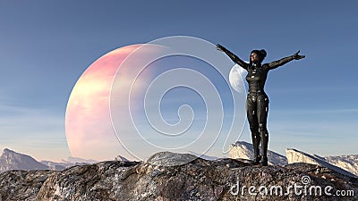 Illustration of a woman wearing a spacesuit standing on a mountaintop waving her arms wide with an alien planet and moon in the Cartoon Illustration