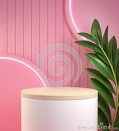 3d Illustration Wood Podium Stage For Presentation Product, Wood Wall Background, Plant Tropic, Abstract Rendering Stock Photo