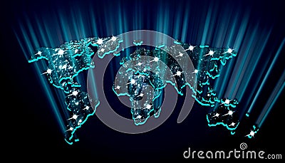 3D illustration of a world map on a black background highlighted by blue neon Cartoon Illustration