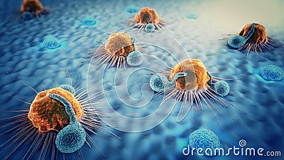 3d illustration of cancer cells and lymphocytes Cartoon Illustration