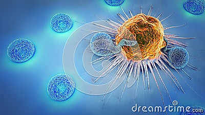 3d illustration of cancer cells and lymphocytes Cartoon Illustration