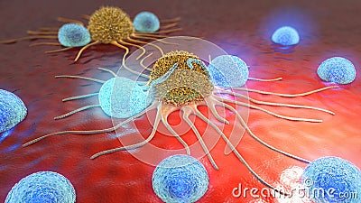3d illustration of cancer cells and lymphocytes Cartoon Illustration